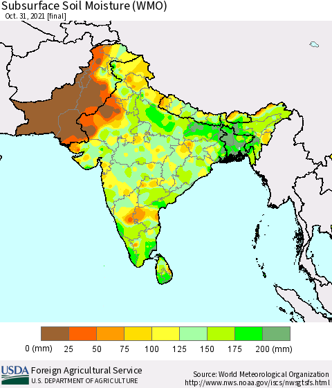 Southern Asia Subsurface Soil Moisture (WMO) Thematic Map For 10/25/2021 - 10/31/2021