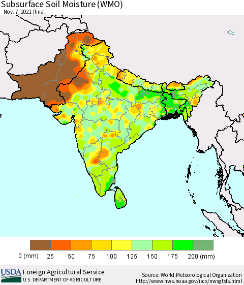 Southern Asia Subsurface Soil Moisture (WMO) Thematic Map For 11/1/2021 - 11/7/2021
