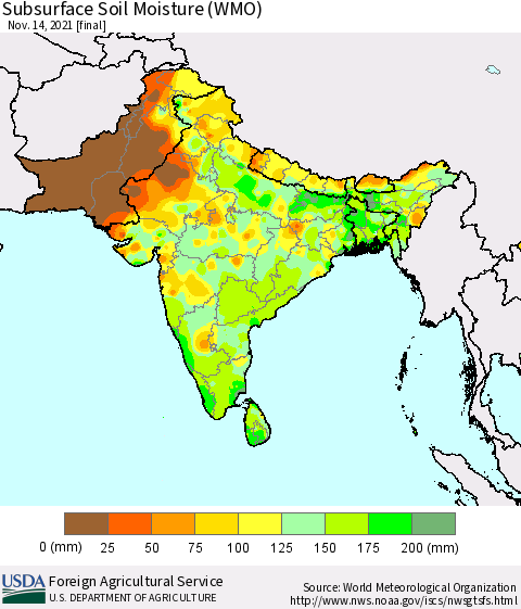 Southern Asia Subsurface Soil Moisture (WMO) Thematic Map For 11/8/2021 - 11/14/2021