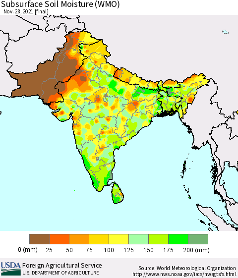 Southern Asia Subsurface Soil Moisture (WMO) Thematic Map For 11/22/2021 - 11/28/2021