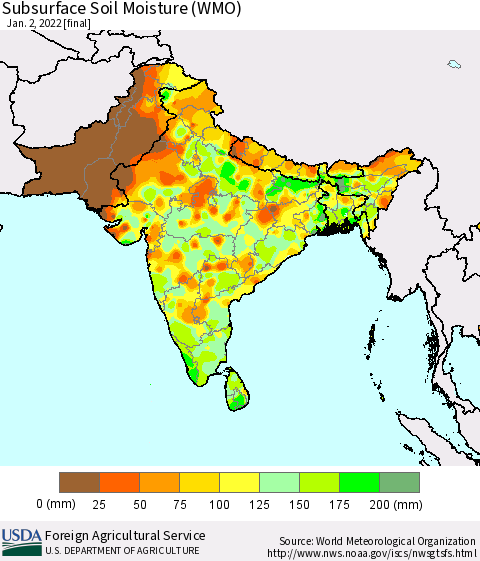Southern Asia Subsurface Soil Moisture (WMO) Thematic Map For 12/27/2021 - 1/2/2022