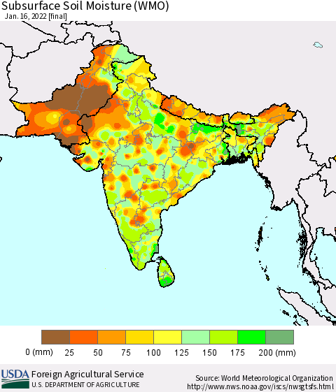 Southern Asia Subsurface Soil Moisture (WMO) Thematic Map For 1/10/2022 - 1/16/2022