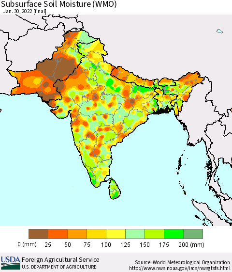 Southern Asia Subsurface Soil Moisture (WMO) Thematic Map For 1/24/2022 - 1/30/2022