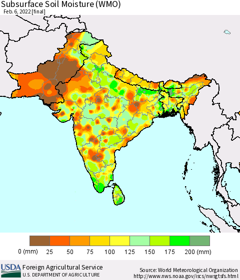 Southern Asia Subsurface Soil Moisture (WMO) Thematic Map For 1/31/2022 - 2/6/2022