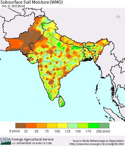 Southern Asia Subsurface Soil Moisture (WMO) Thematic Map For 2/21/2022 - 2/27/2022