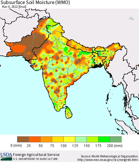 Southern Asia Subsurface Soil Moisture (WMO) Thematic Map For 2/28/2022 - 3/6/2022