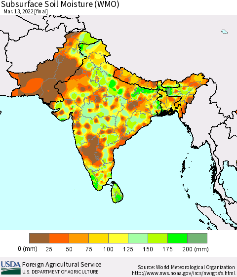 Southern Asia Subsurface Soil Moisture (WMO) Thematic Map For 3/7/2022 - 3/13/2022