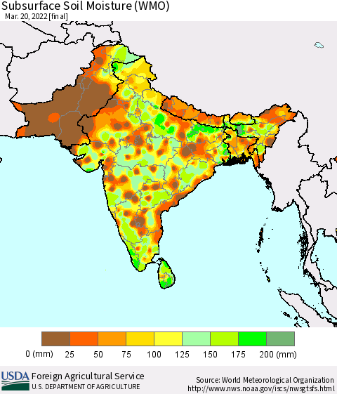 Southern Asia Subsurface Soil Moisture (WMO) Thematic Map For 3/14/2022 - 3/20/2022
