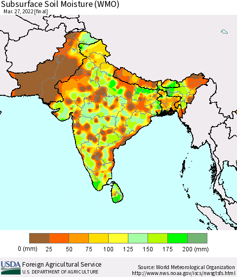 Southern Asia Subsurface Soil Moisture (WMO) Thematic Map For 3/21/2022 - 3/27/2022