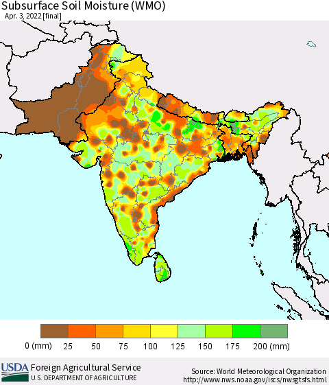 Southern Asia Subsurface Soil Moisture (WMO) Thematic Map For 3/28/2022 - 4/3/2022