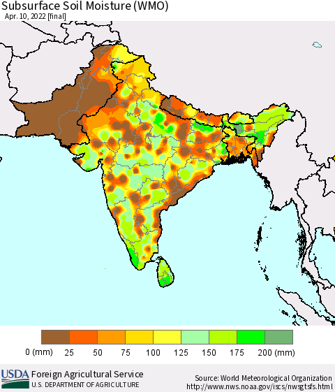 Southern Asia Subsurface Soil Moisture (WMO) Thematic Map For 4/4/2022 - 4/10/2022