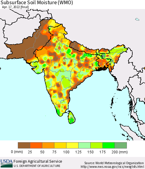 Southern Asia Subsurface Soil Moisture (WMO) Thematic Map For 4/11/2022 - 4/17/2022