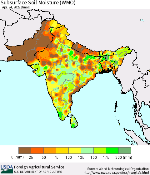 Southern Asia Subsurface Soil Moisture (WMO) Thematic Map For 4/18/2022 - 4/24/2022
