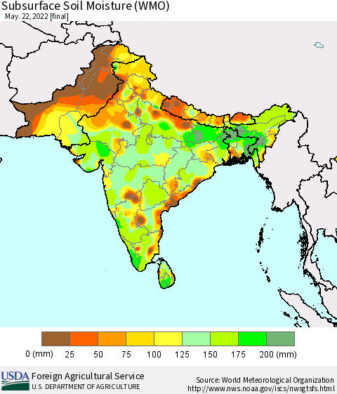 Southern Asia Subsurface Soil Moisture (WMO) Thematic Map For 5/16/2022 - 5/22/2022