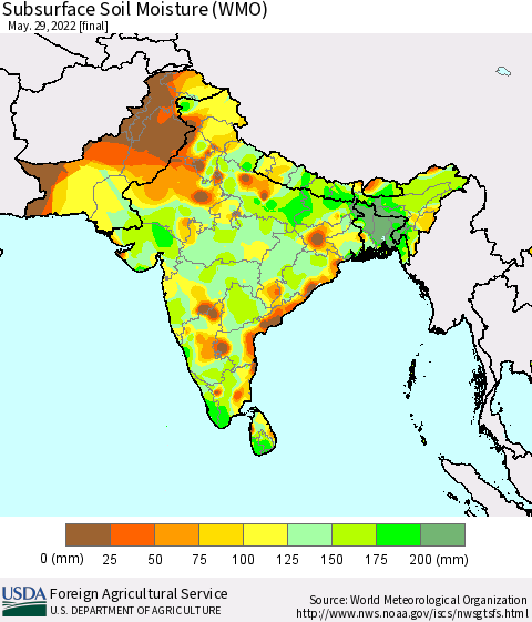 Southern Asia Subsurface Soil Moisture (WMO) Thematic Map For 5/23/2022 - 5/29/2022