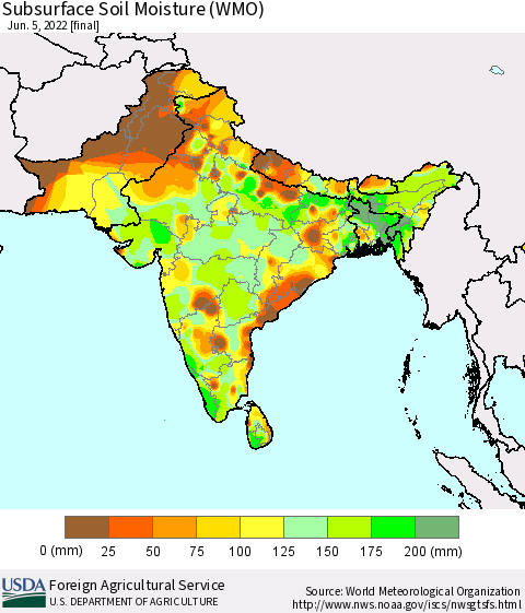 Southern Asia Subsurface Soil Moisture (WMO) Thematic Map For 5/30/2022 - 6/5/2022
