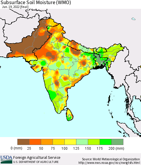 Southern Asia Subsurface Soil Moisture (WMO) Thematic Map For 6/13/2022 - 6/19/2022
