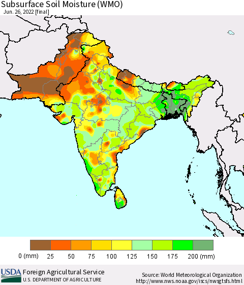 Southern Asia Subsurface Soil Moisture (WMO) Thematic Map For 6/20/2022 - 6/26/2022