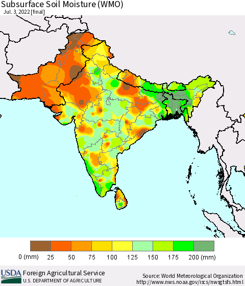 Southern Asia Subsurface Soil Moisture (WMO) Thematic Map For 6/27/2022 - 7/3/2022
