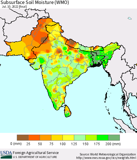 Southern Asia Subsurface Soil Moisture (WMO) Thematic Map For 7/4/2022 - 7/10/2022