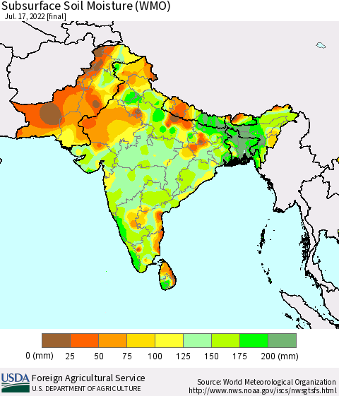Southern Asia Subsurface Soil Moisture (WMO) Thematic Map For 7/11/2022 - 7/17/2022