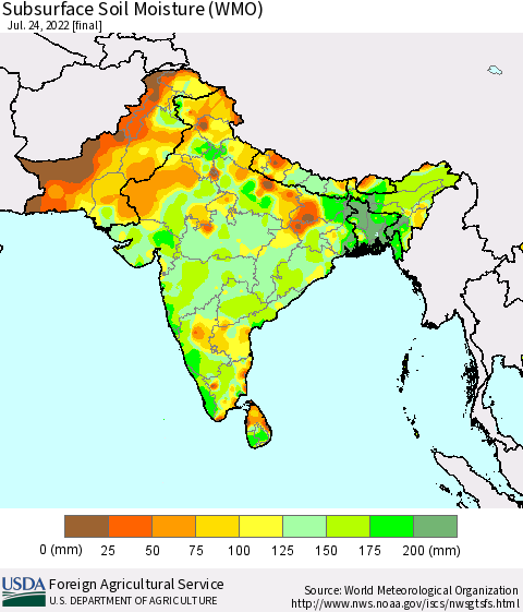 Southern Asia Subsurface Soil Moisture (WMO) Thematic Map For 7/18/2022 - 7/24/2022