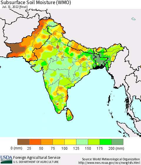 Southern Asia Subsurface Soil Moisture (WMO) Thematic Map For 7/25/2022 - 7/31/2022