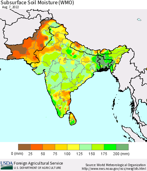 Southern Asia Subsurface Soil Moisture (WMO) Thematic Map For 8/1/2022 - 8/7/2022