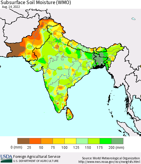 Southern Asia Subsurface Soil Moisture (WMO) Thematic Map For 8/8/2022 - 8/14/2022