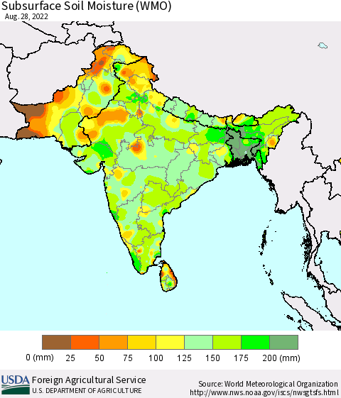 Southern Asia Subsurface Soil Moisture (WMO) Thematic Map For 8/22/2022 - 8/28/2022
