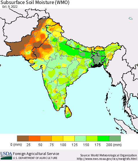 Southern Asia Subsurface Soil Moisture (WMO) Thematic Map For 10/3/2022 - 10/9/2022