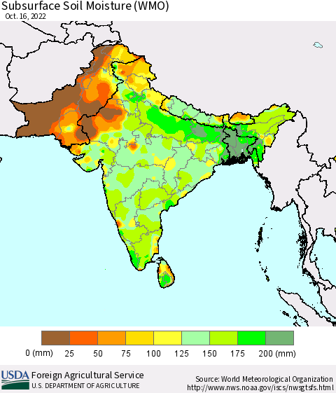 Southern Asia Subsurface Soil Moisture (WMO) Thematic Map For 10/10/2022 - 10/16/2022
