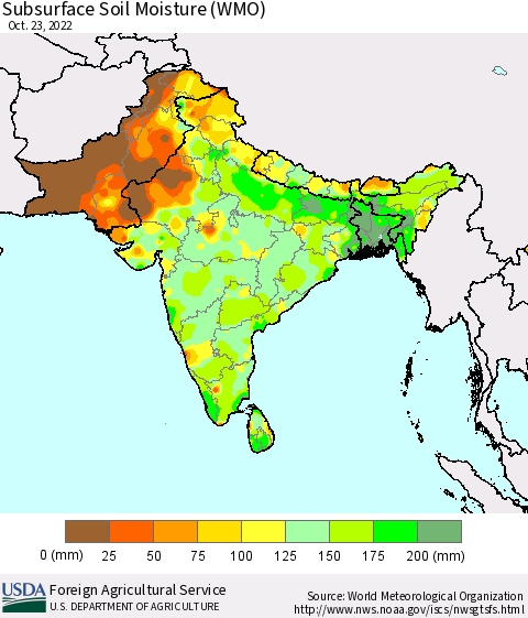 Southern Asia Subsurface Soil Moisture (WMO) Thematic Map For 10/17/2022 - 10/23/2022