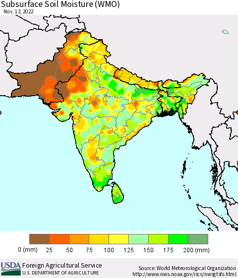 Southern Asia Subsurface Soil Moisture (WMO) Thematic Map For 11/7/2022 - 11/13/2022