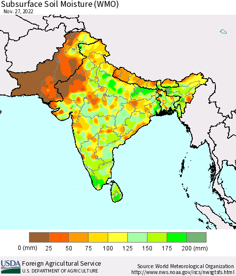 Southern Asia Subsurface Soil Moisture (WMO) Thematic Map For 11/21/2022 - 11/27/2022