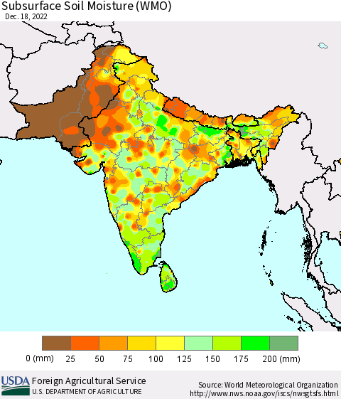 Southern Asia Subsurface Soil Moisture (WMO) Thematic Map For 12/12/2022 - 12/18/2022
