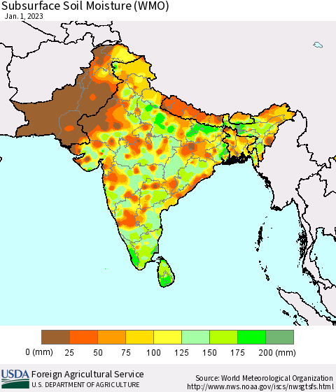 Southern Asia Subsurface Soil Moisture (WMO) Thematic Map For 12/26/2022 - 1/1/2023