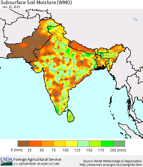 Southern Asia Subsurface Soil Moisture (WMO) Thematic Map For 1/16/2023 - 1/22/2023