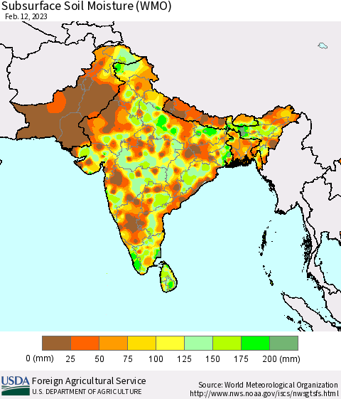 Southern Asia Subsurface Soil Moisture (WMO) Thematic Map For 2/6/2023 - 2/12/2023
