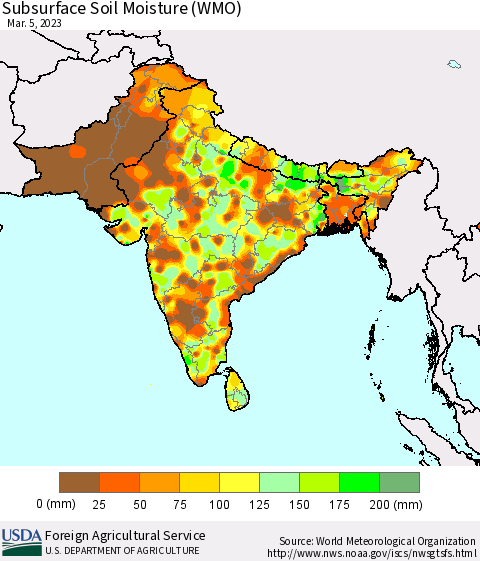 Southern Asia Subsurface Soil Moisture (WMO) Thematic Map For 2/27/2023 - 3/5/2023