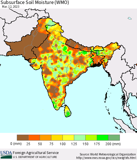 Southern Asia Subsurface Soil Moisture (WMO) Thematic Map For 3/6/2023 - 3/12/2023