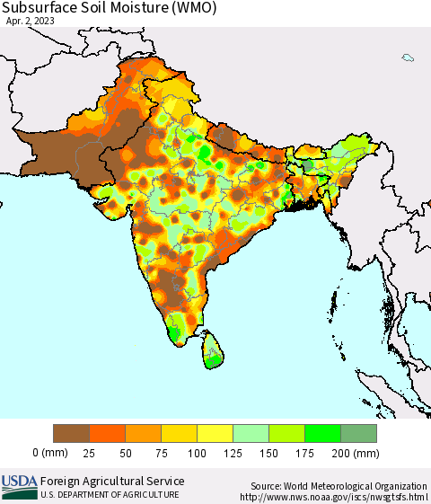 Southern Asia Subsurface Soil Moisture (WMO) Thematic Map For 3/27/2023 - 4/2/2023