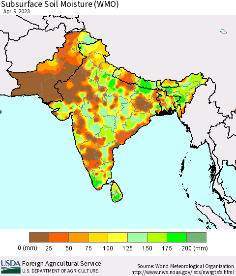 Southern Asia Subsurface Soil Moisture (WMO) Thematic Map For 4/3/2023 - 4/9/2023