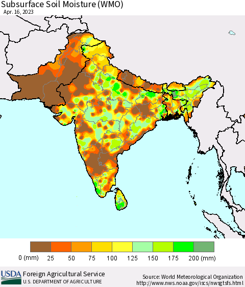 Southern Asia Subsurface Soil Moisture (WMO) Thematic Map For 4/10/2023 - 4/16/2023