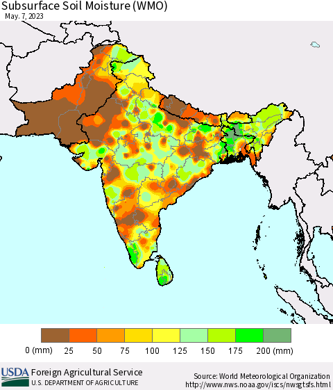 Southern Asia Subsurface Soil Moisture (WMO) Thematic Map For 5/1/2023 - 5/7/2023