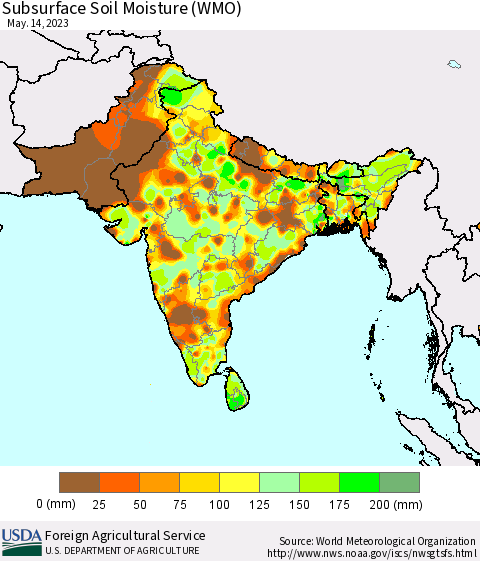 Southern Asia Subsurface Soil Moisture (WMO) Thematic Map For 5/8/2023 - 5/14/2023