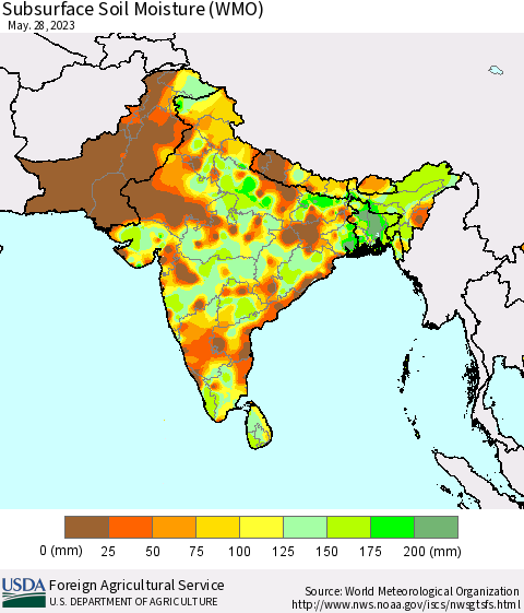 Southern Asia Subsurface Soil Moisture (WMO) Thematic Map For 5/22/2023 - 5/28/2023