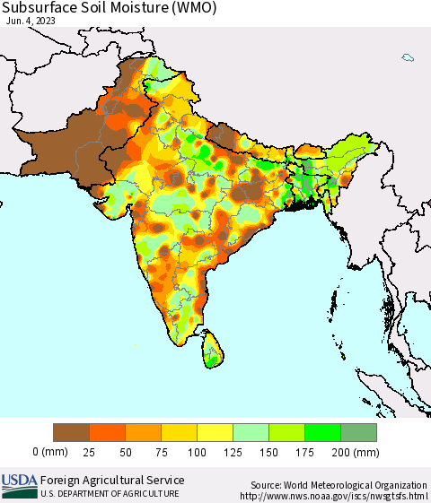 Southern Asia Subsurface Soil Moisture (WMO) Thematic Map For 5/29/2023 - 6/4/2023