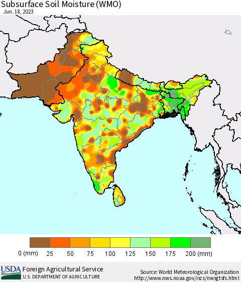 Southern Asia Subsurface Soil Moisture (WMO) Thematic Map For 6/12/2023 - 6/18/2023