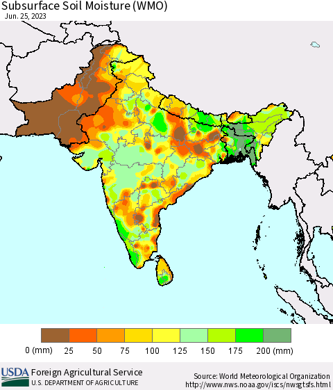 Southern Asia Subsurface Soil Moisture (WMO) Thematic Map For 6/19/2023 - 6/25/2023